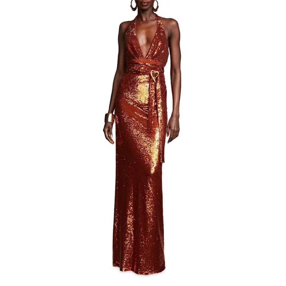 NWT Halston Copper Sequin Halter V Gown Dress Heart Buckle Sleeveless Size 14 - Picture 7 of 13